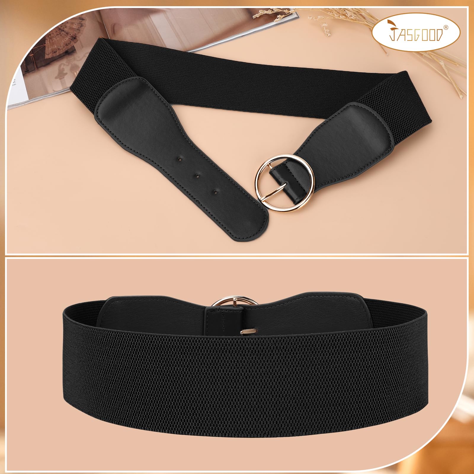 JASGOOD 3 Pack Women Wide Elastic Waist Belt for Dress Ladies Stretch Belt with Gold Round Buckle