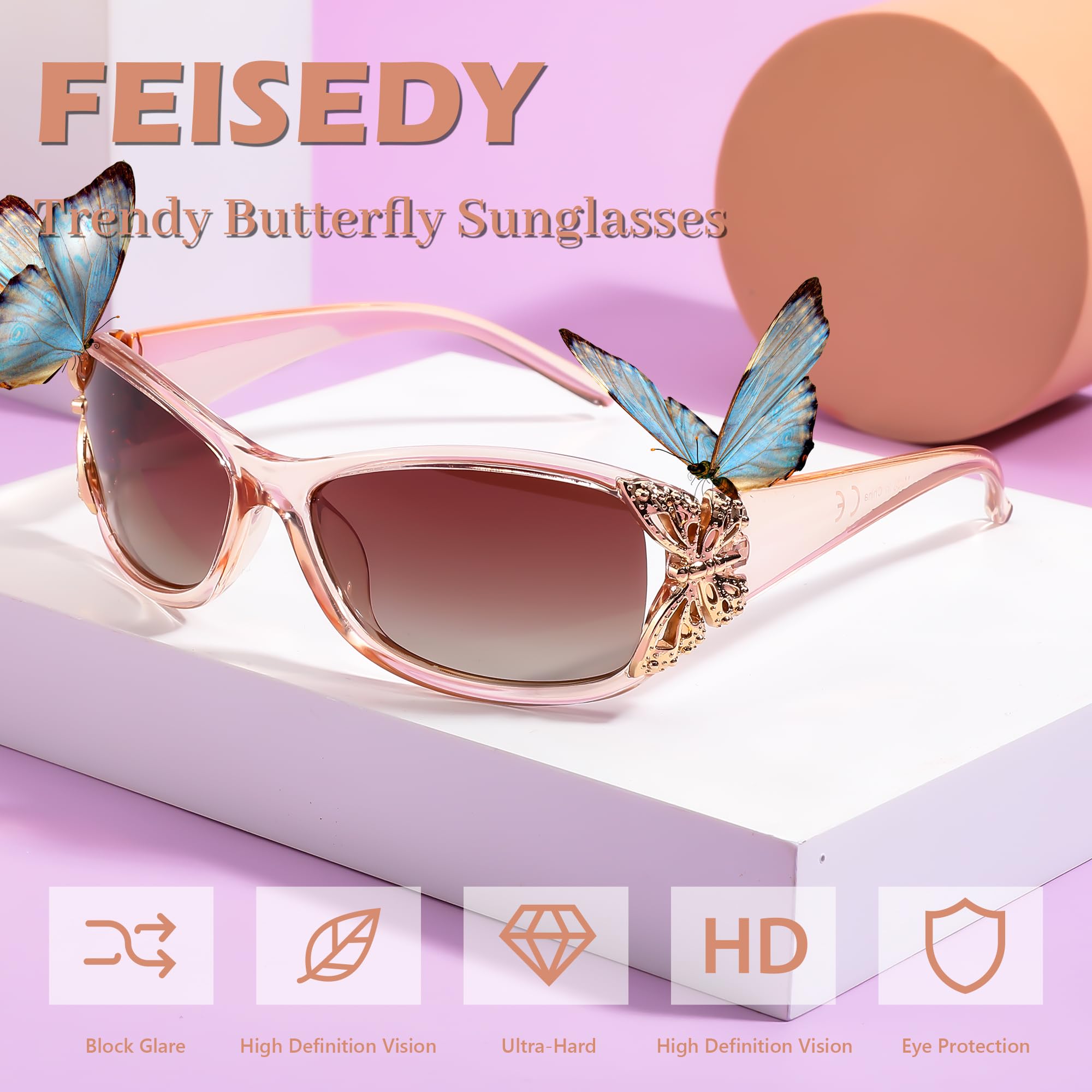 FEISEDY Trendy Polarized Y2K Sunglasses Wrap Around Butterfly Design Fashion Sunnies UV400 Protection B0078