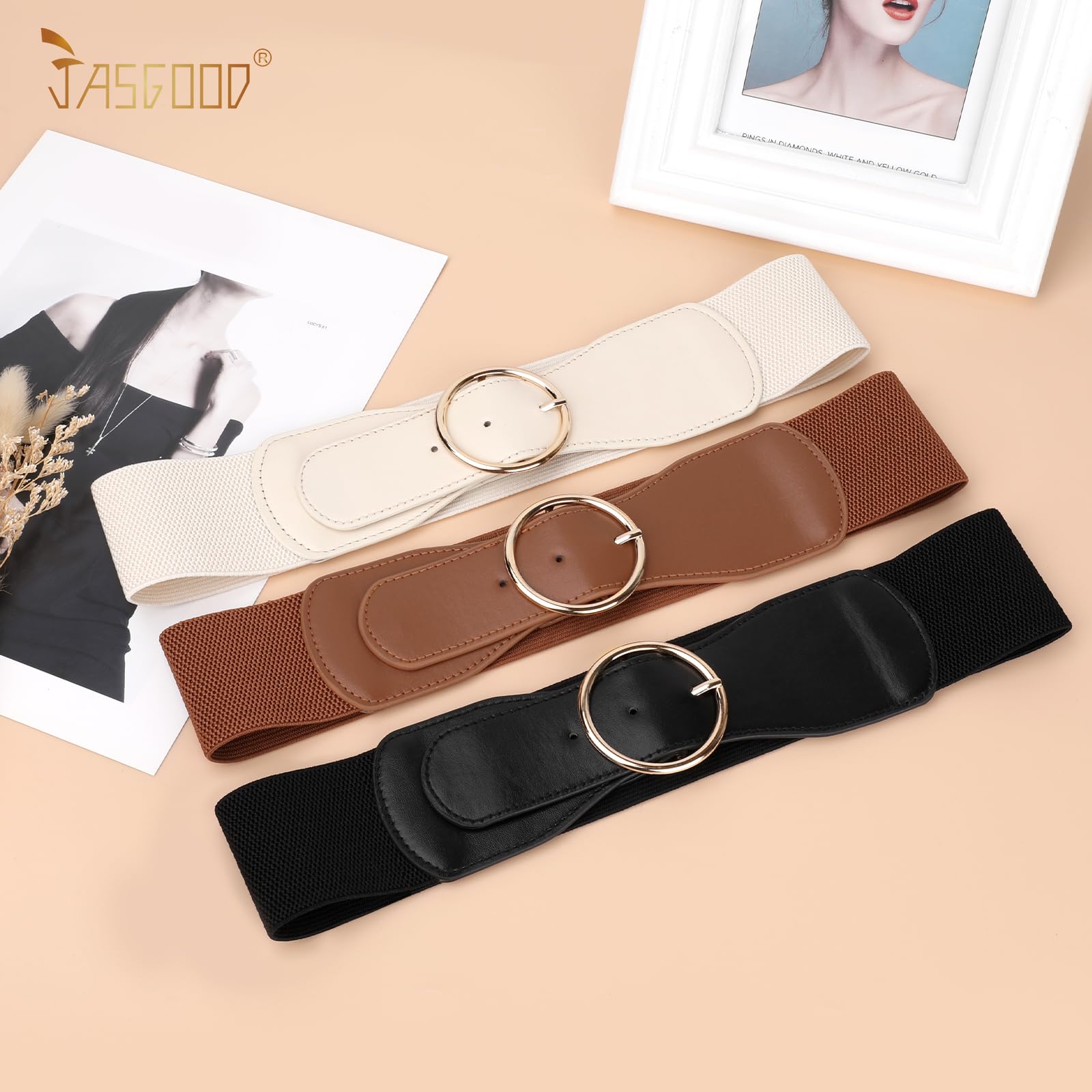 JASGOOD 3 Pack Women Wide Elastic Waist Belt for Dress Ladies Stretch Belt with Gold Round Buckle