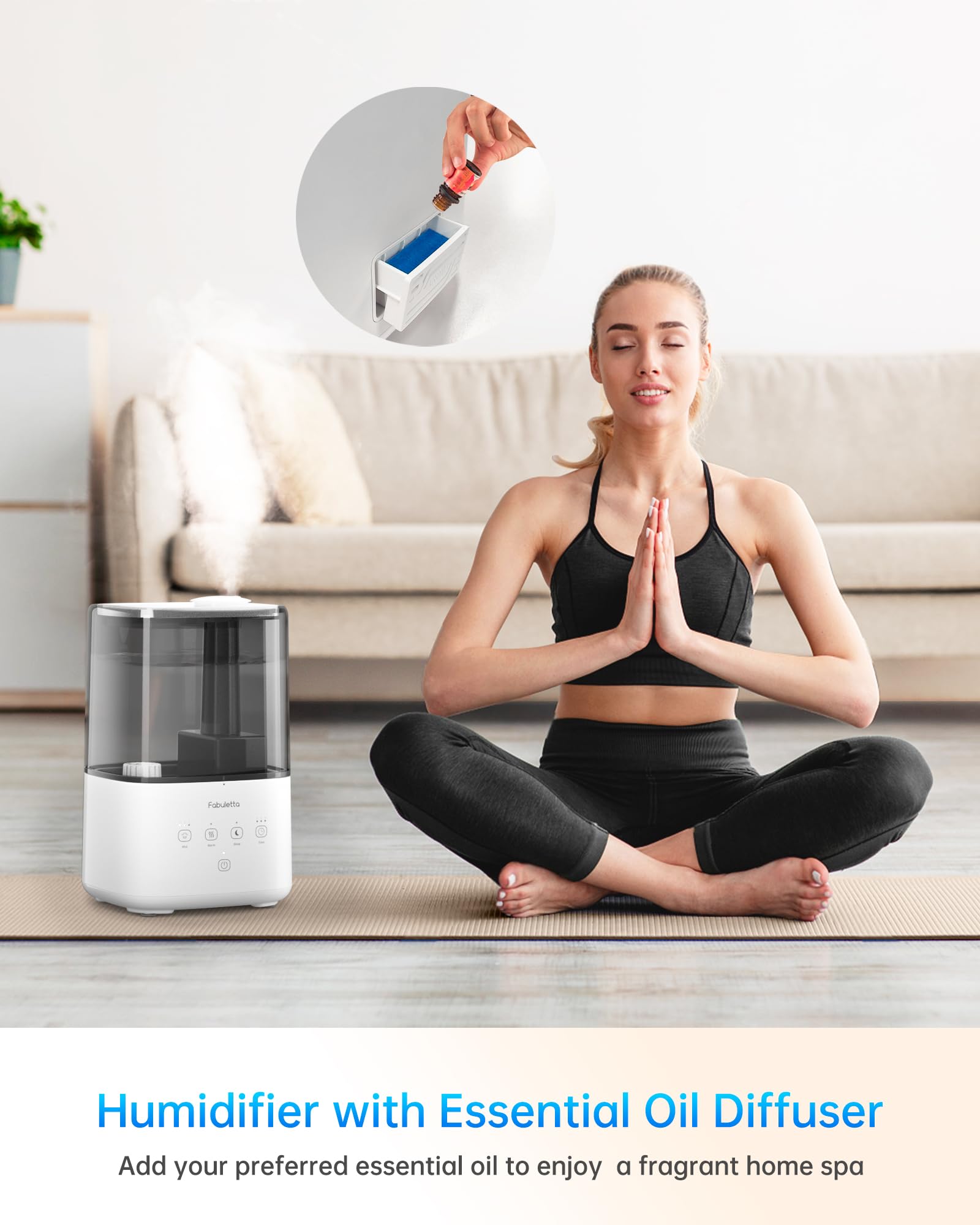 FABULETTA Humidifiers for Bedroom, Warm and Cool Mist Humidifier Large Room for Home, 4.5L Top Fill Room Humidifier with 45H Runtime, 3 Mist Levels, Essential Oil Diffuser, Quiet Sleep Mode ＆ Timer