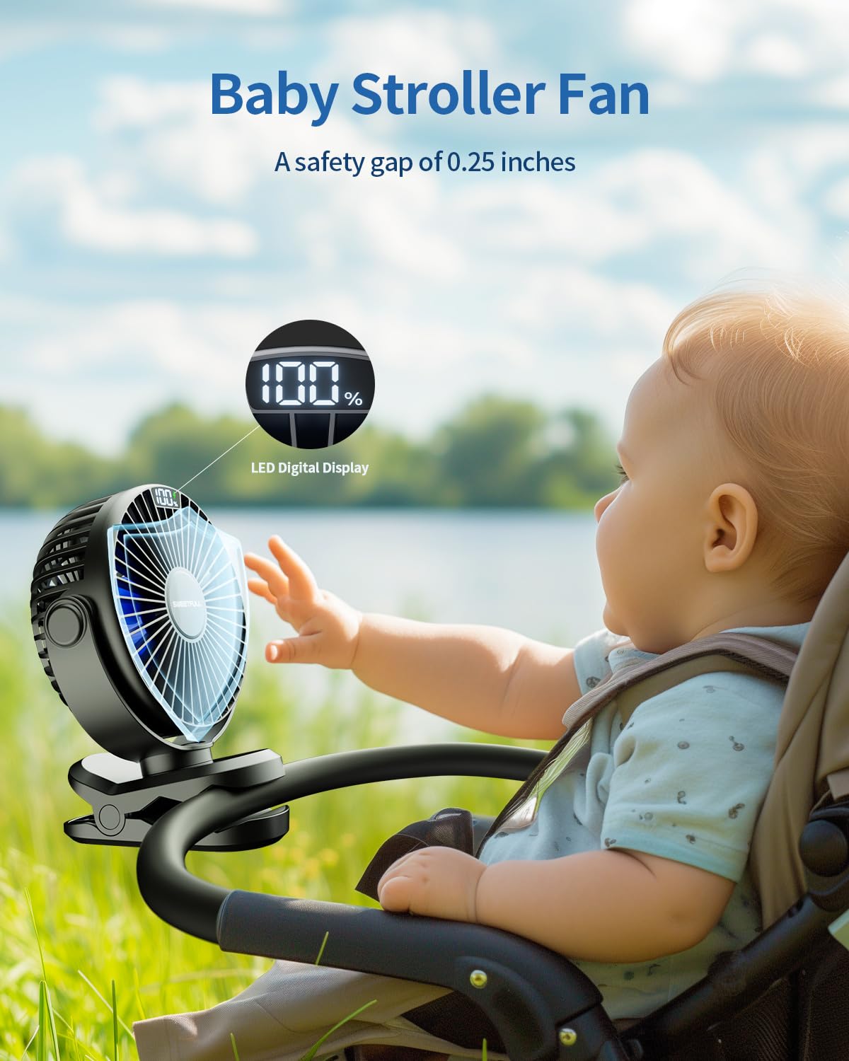 SWEETFULL Portable Clip on Fan - Battery Operated Stroller Fan, 4000mAh Small Rechargeable Fan with LED Display, 4 Speeds, Mini Personal Cooling Desk Fan for Golf Cart Travel Camping Gym (Black)