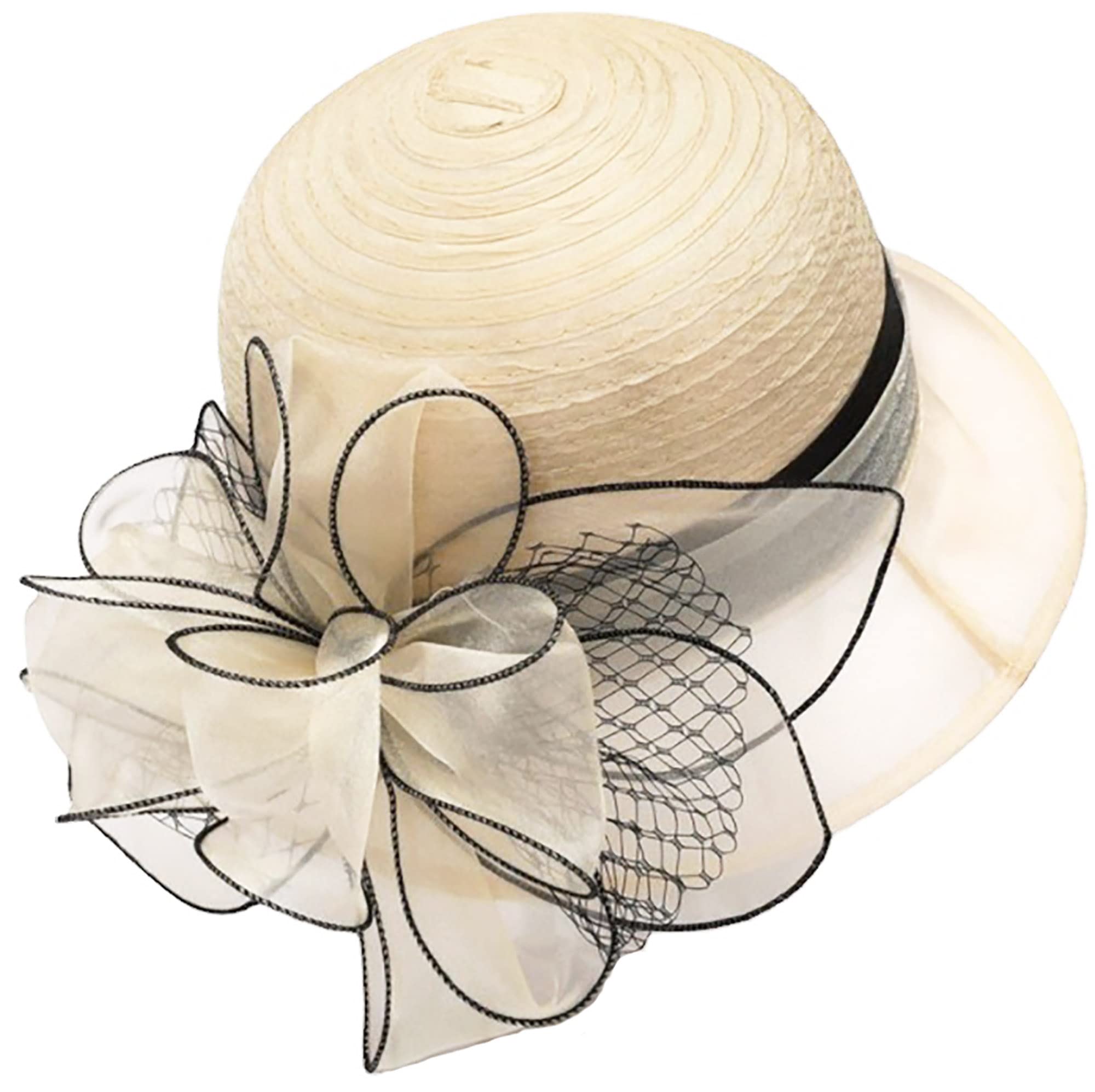 Organza Fascinator Tea-Party Derby-Hats for Women - Flower Wide Brim Church Sunday Sun Hat (US, Alpha, Medium, Beige)