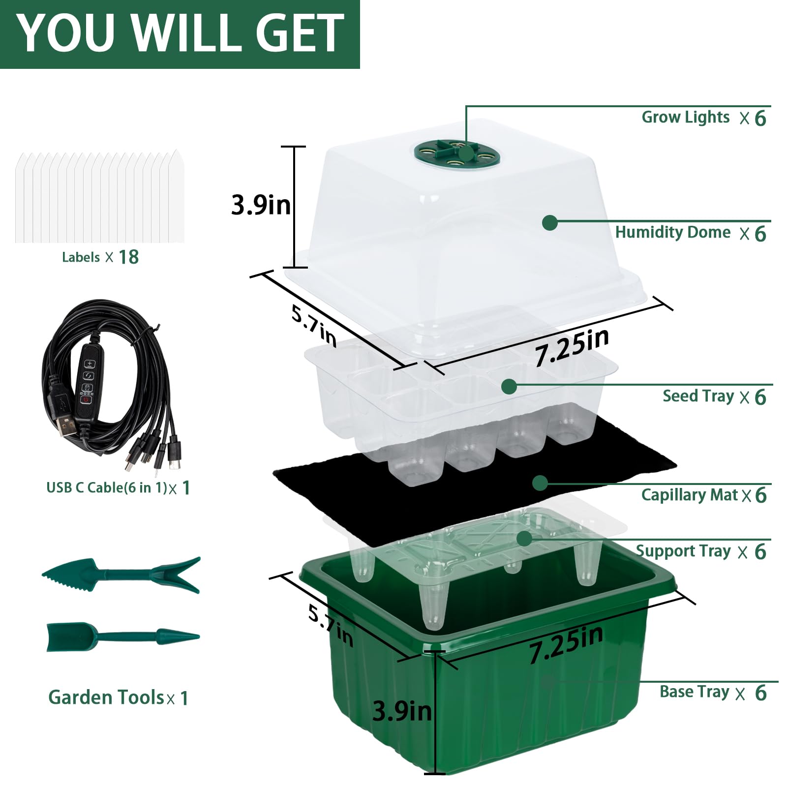 ZHOLAH Self-Watering Seed Starter Tray - Kit with Grow Light and Humidity Dome, 6-Pack 72-Cell Plant Seedling Tray,Reusable Plastic Germination Trays for Indoor Gardening Seeds Growing Starting