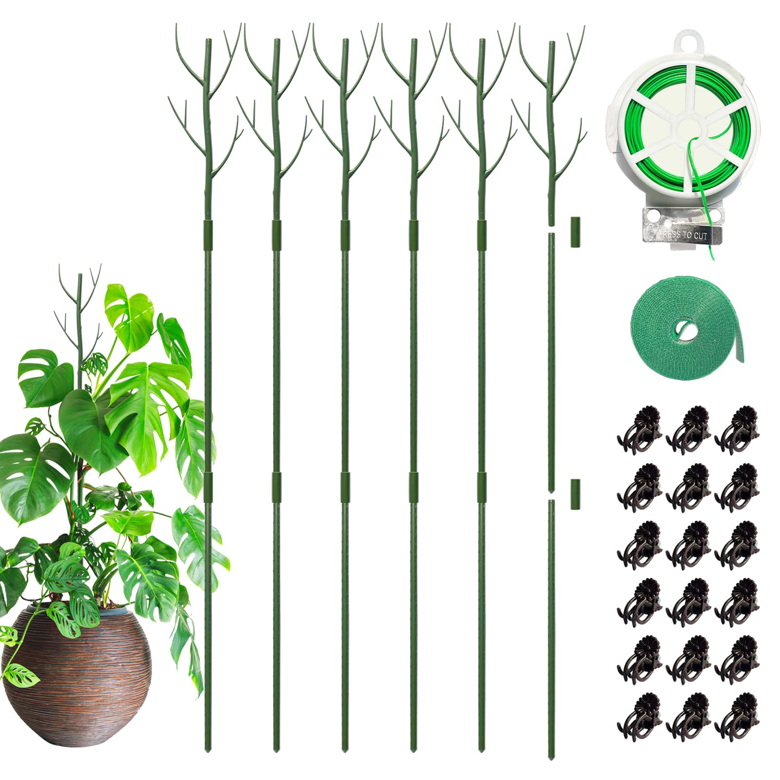 Fetanten Monstera Plant Support, 43 Inch Plant Support Stakes Moss Pole for Indoor Plants with Orchid Clips Twist Ties and Plant Strap, Perfect Plant Stakes for Climbing Plant (6 Pack)