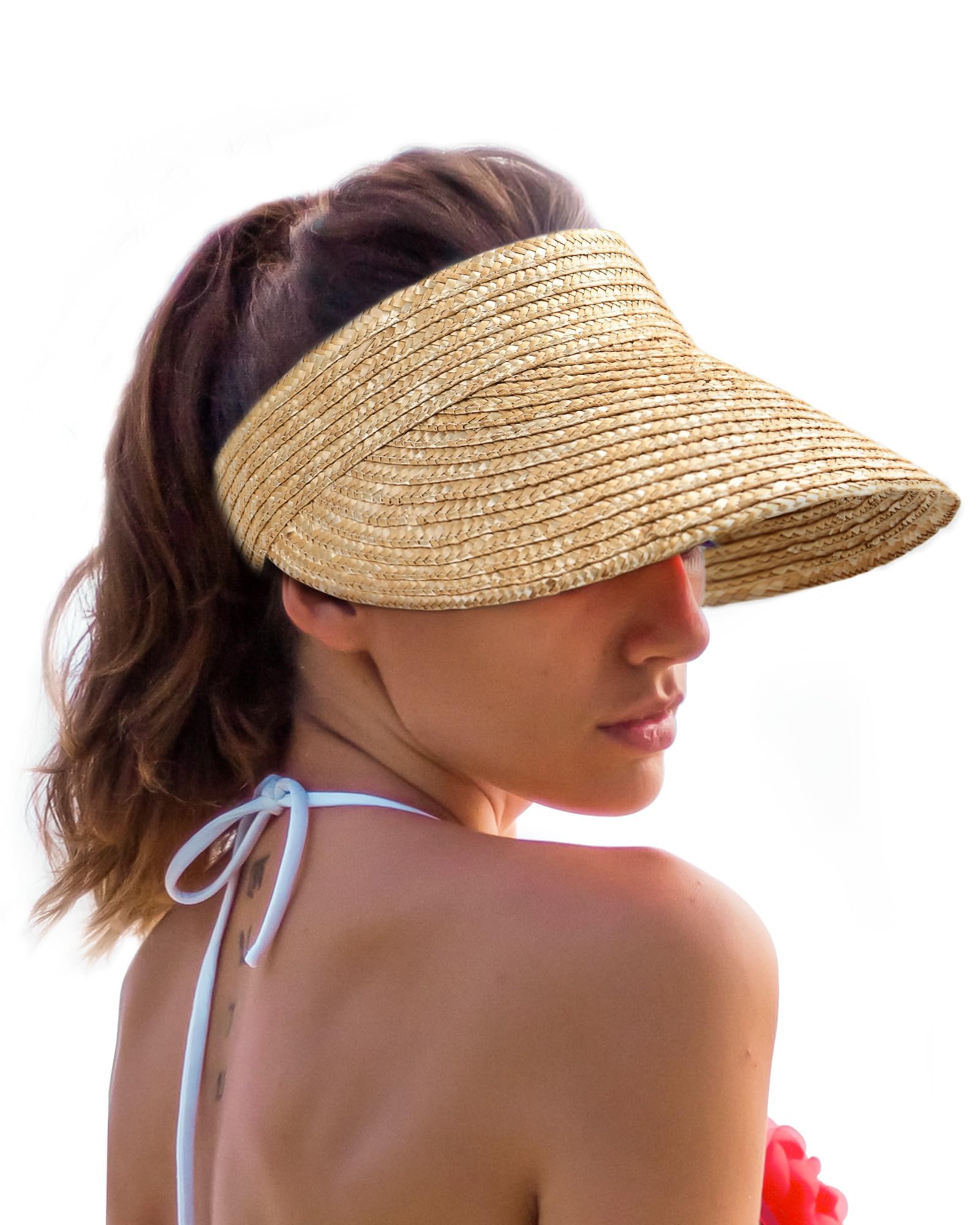 FURTALK Natural Straw Visors Sun Visor Hats for Womens Summer Straw Sun Beach Hat Foldable Roll Up Ponytail Beach Hat