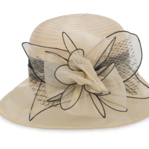 Organza Fascinator Tea-Party Derby-Hats for Women - Flower Wide Brim Church Sunday Sun Hat (US, Alpha, Medium, Beige)