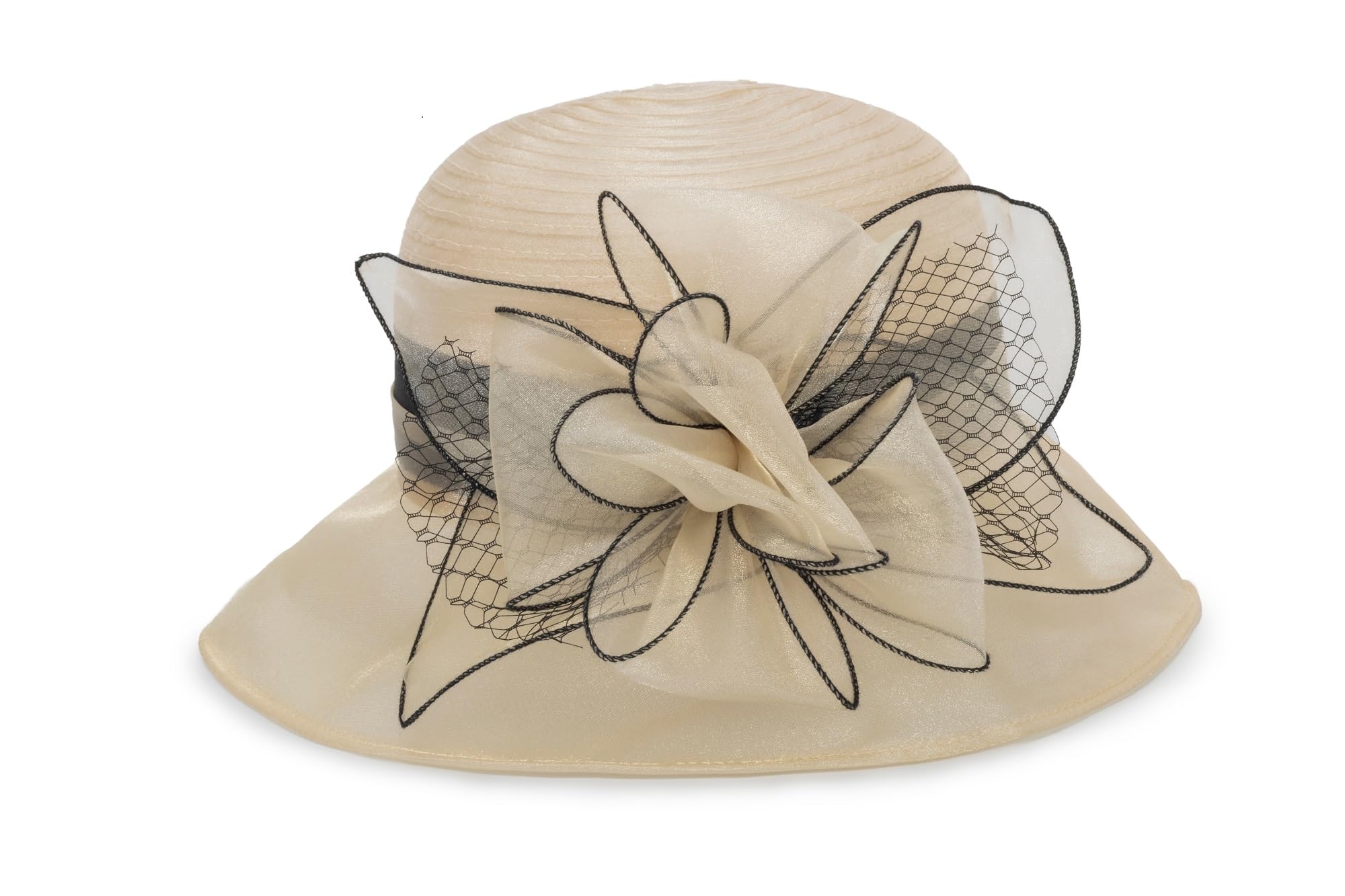 Organza Fascinator Tea-Party Derby-Hats for Women - Flower Wide Brim Church Sunday Sun Hat (US, Alpha, Medium, Beige)