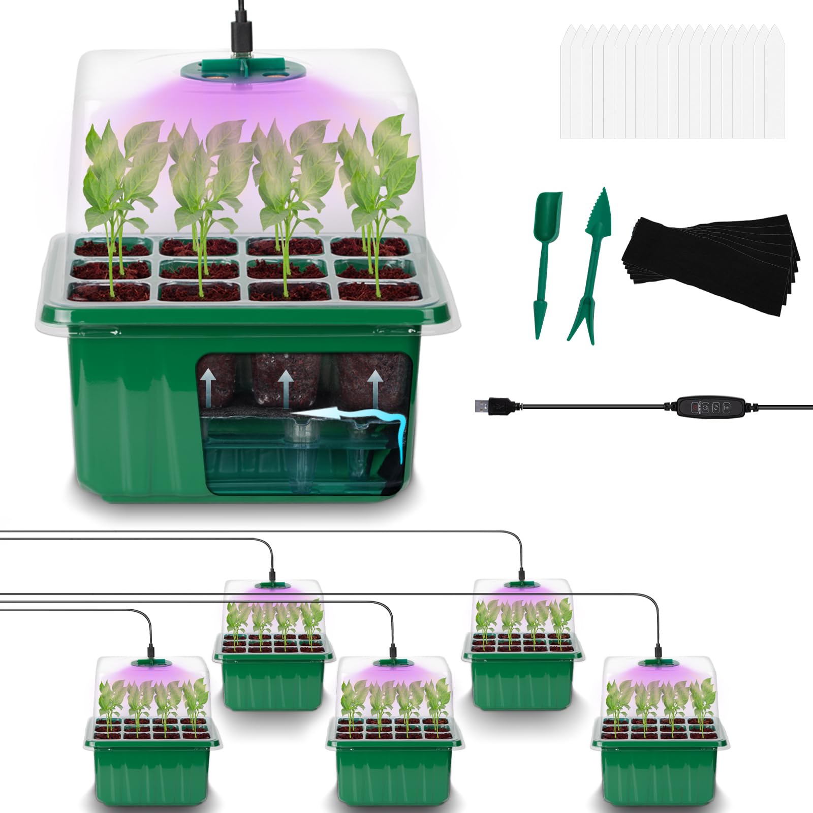 ZHOLAH Self-Watering Seed Starter Tray - Kit with Grow Light and Humidity Dome, 6-Pack 72-Cell Plant Seedling Tray,Reusable Plastic Germination Trays for Indoor Gardening Seeds Growing Starting