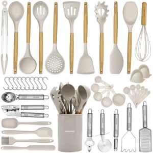 silicone kitchen utensils set, 46 pcs cooking utensils set-silicone spatula set- kitchen gadgets and tools with holder-wooden handle silicone kitchen utensil with tongs,grater (khaki)