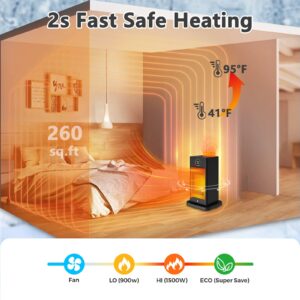 Space Heaters for Indoor Use, Upgraded PTC Space Heater Large Room 1500W,2s Fast Heating Heater with Sensor/Humidifier/3D Flame Effect/Oscillating,Heater for Bedroom,Office,Heat Up 260 sq.ft