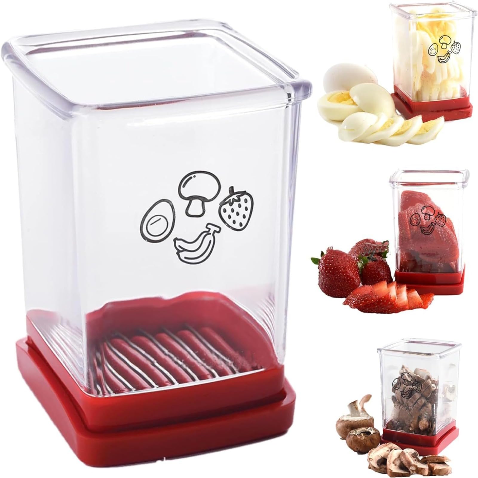 New Speed Slicer with Push Plate, Fruit Slicer Cup Egg Slicer Stainless Steel Banana Strawberry Cutter Kitchen Portable, Red, 3" L x 3" W x 4.25" H (Red)