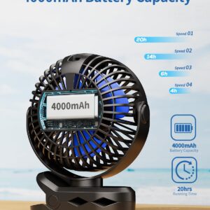 SWEETFULL Portable Clip on Fan - Battery Operated Stroller Fan, 4000mAh Small Rechargeable Fan with LED Display, 4 Speeds, Mini Personal Cooling Desk Fan for Golf Cart Travel Camping Gym (Black)