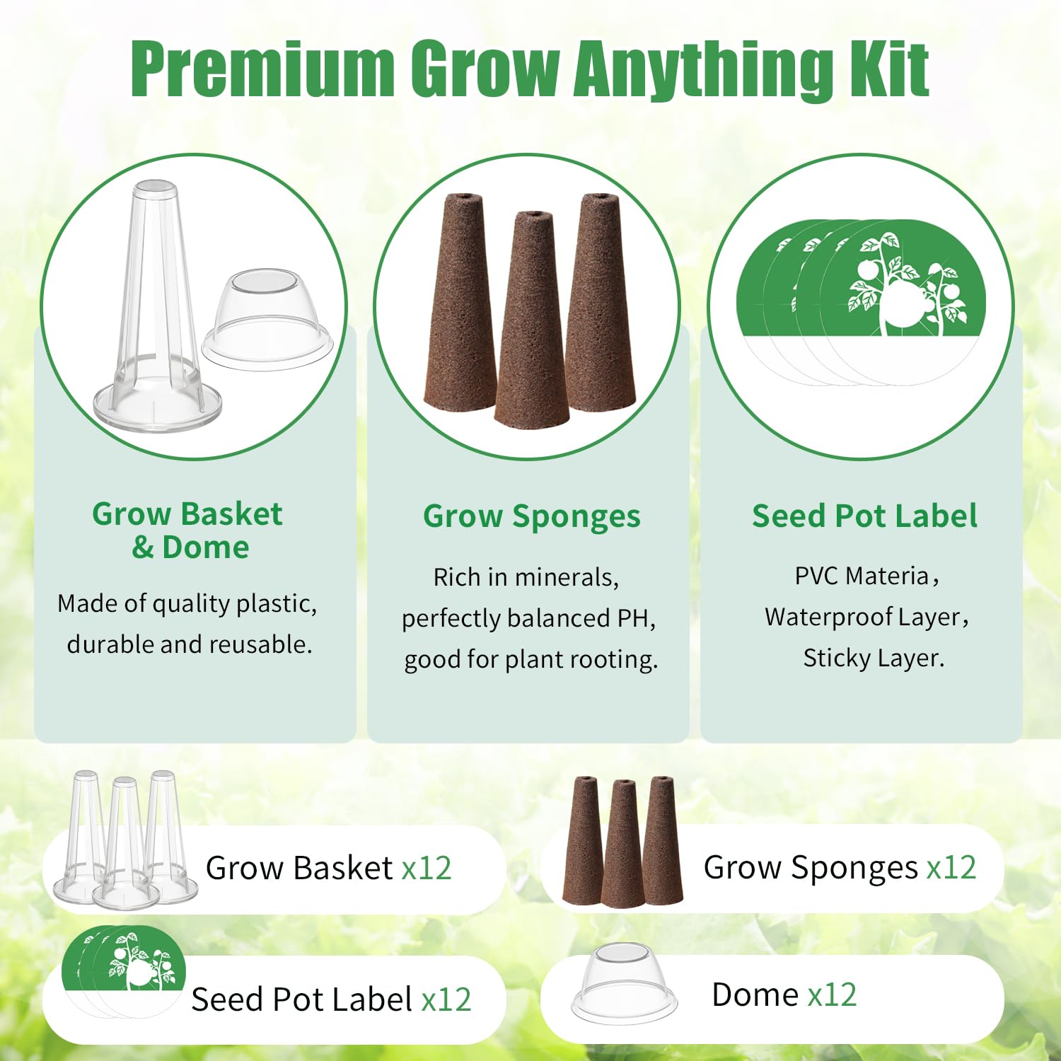 Seed Pod Kit Compatible with Aero Garden and All Brands - Grow Anything Kit for Indoor Garden Hydroponics Growing System with 12 Grow Sponges, 12 Pod Labels, 12 Plant Baskets Domes