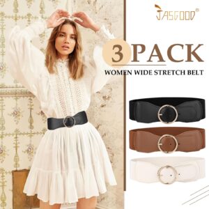 JASGOOD 3 Pack Women Wide Elastic Waist Belt for Dress Ladies Stretch Belt with Gold Round Buckle