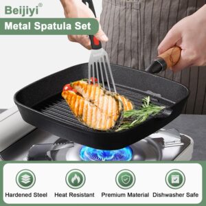 Beijiyi Stainless Steel Spatula Set, Heavy Duty Small Metal Spatula for Cooking Cast Iron Skillet with Silicone Handle - Griddle Grill Kitchen Spatula Flipper for Pancake, Fish, Smash Burger and Egg