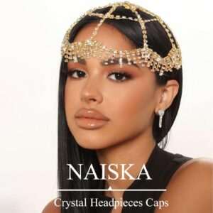 NAISKA 1920s Headpieces Rhinestone Mesh Cap Gold Headchain Wedding Head Accessories Crystal Headband Brides Prom Costume Head Chain Vintage Style Festival Halloween Prom Costume Hair Accessories