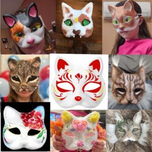 ChicRosa 5 Pcs Cat Masks White Paper Blank Hand Painted Masks Halloween Masquerade Costume Cosplay Accessories