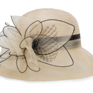 Organza Fascinator Tea-Party Derby-Hats for Women - Flower Wide Brim Church Sunday Sun Hat (US, Alpha, Medium, Beige)