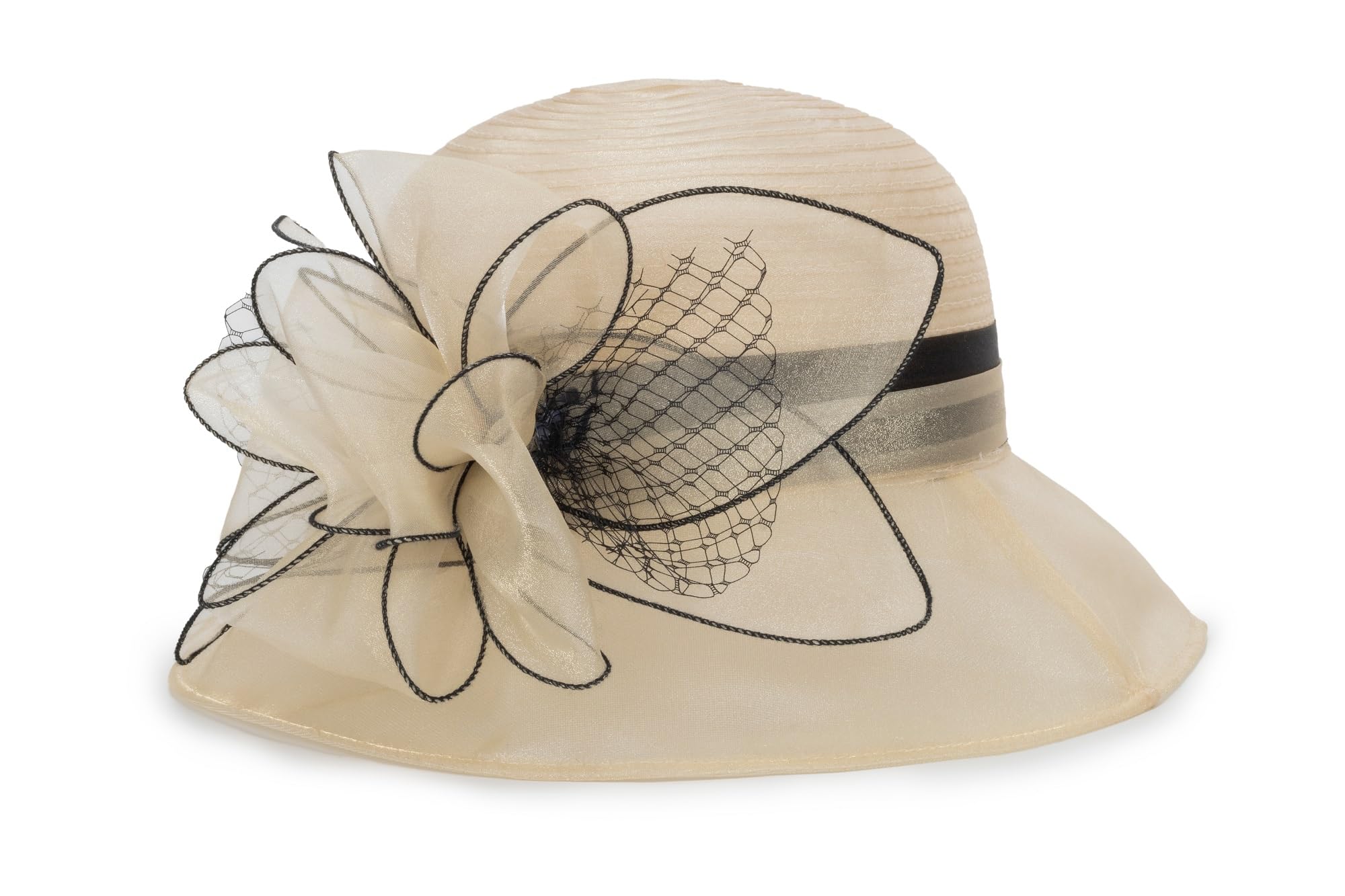 Organza Fascinator Tea-Party Derby-Hats for Women - Flower Wide Brim Church Sunday Sun Hat (US, Alpha, Medium, Beige)