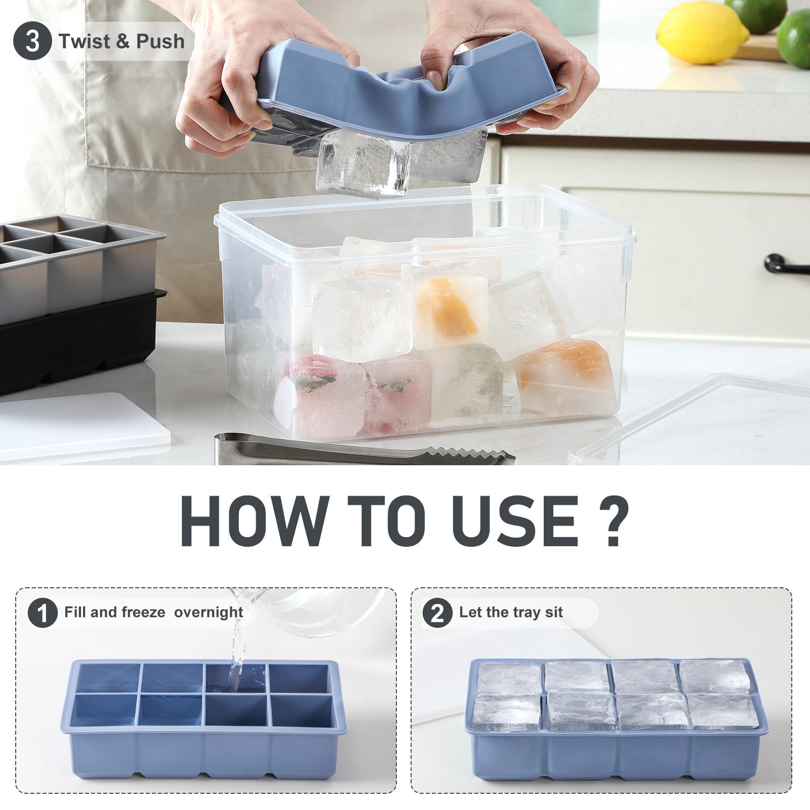 3 Pack Large Ice Cube Trays for Freezer with Lid and Bin, 2 Inch Silicone Big Square Ice Cube Molds Making 24 Cubes for Whiskey, Cocktails, Beverages, Soups, Frozen Treats, BPA Free