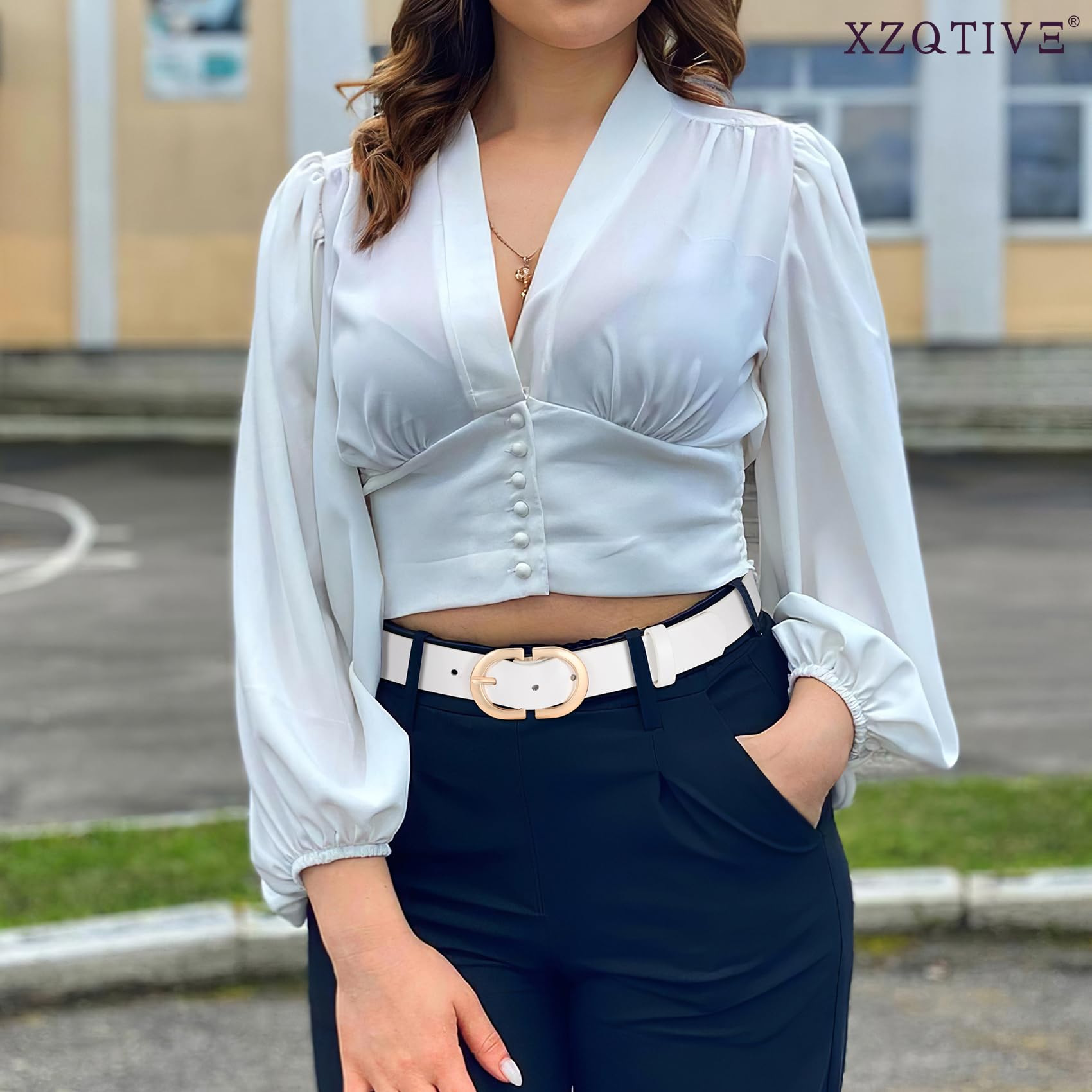 XZQTIVE Women's Leather Belts for Jeans Pants Dress Plus Size Ladies Black Belt with Gold Buckle