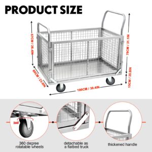 Datanly Platform Truck Cart with Cage, Large Foldable Flat Cart Heavy Duty Push Cart Dolly Load 1600lbs Hand Truck Dolly Cart with Swivel Casters Flatbed Cart for Grocery Moving Laundry (39" x 24")