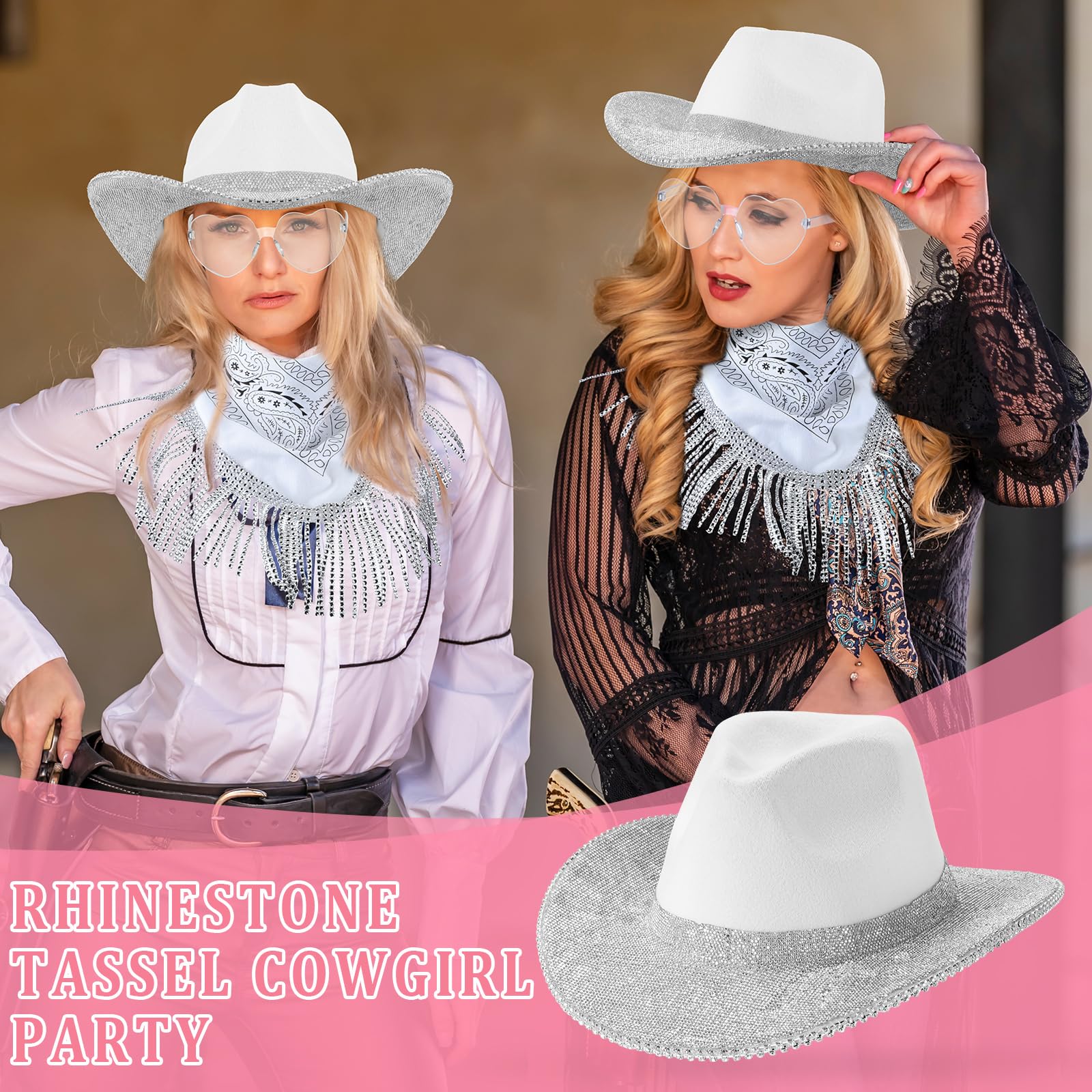 Silicherry Rhinestone Cowboy Hat Glitter Cowgirl Hat with Glasses Headscarf for Men Women Adult Bling Cowboy Costume Cosplay(White, Classic Style)