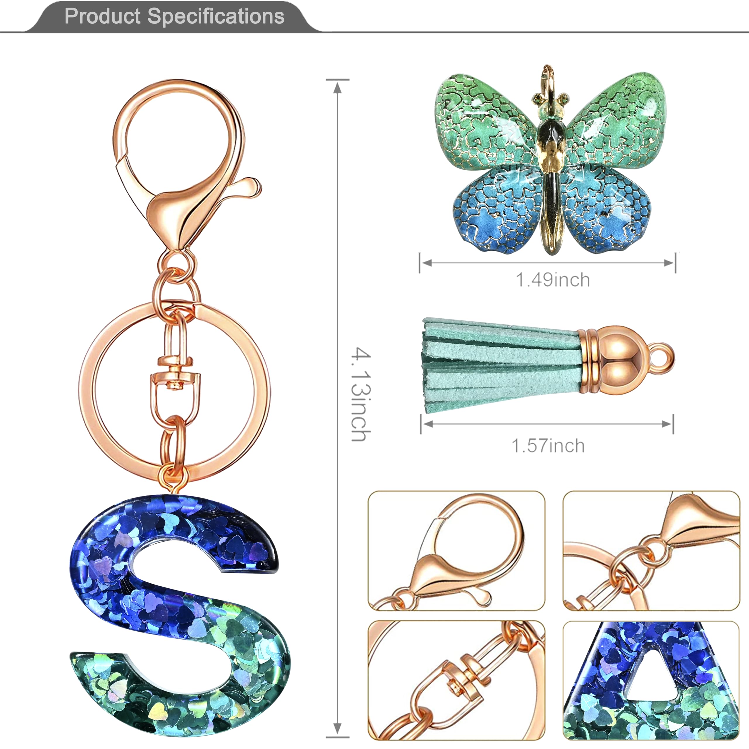 JINGUAZI Initial letter Keychains for Women Tassel Butterfly Pink Purple Cute Car Keychain for Wallet Backpack bag charm (S-Blue Green)