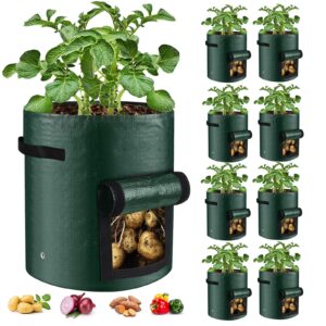 bijoketten 10 gallon 8-pack grow bags, durable pe fabric pots with flap and handles, green planter bags for potato vegetables flowers herbs garden outdoor, 17.7''x13.8'' large for all plants growing