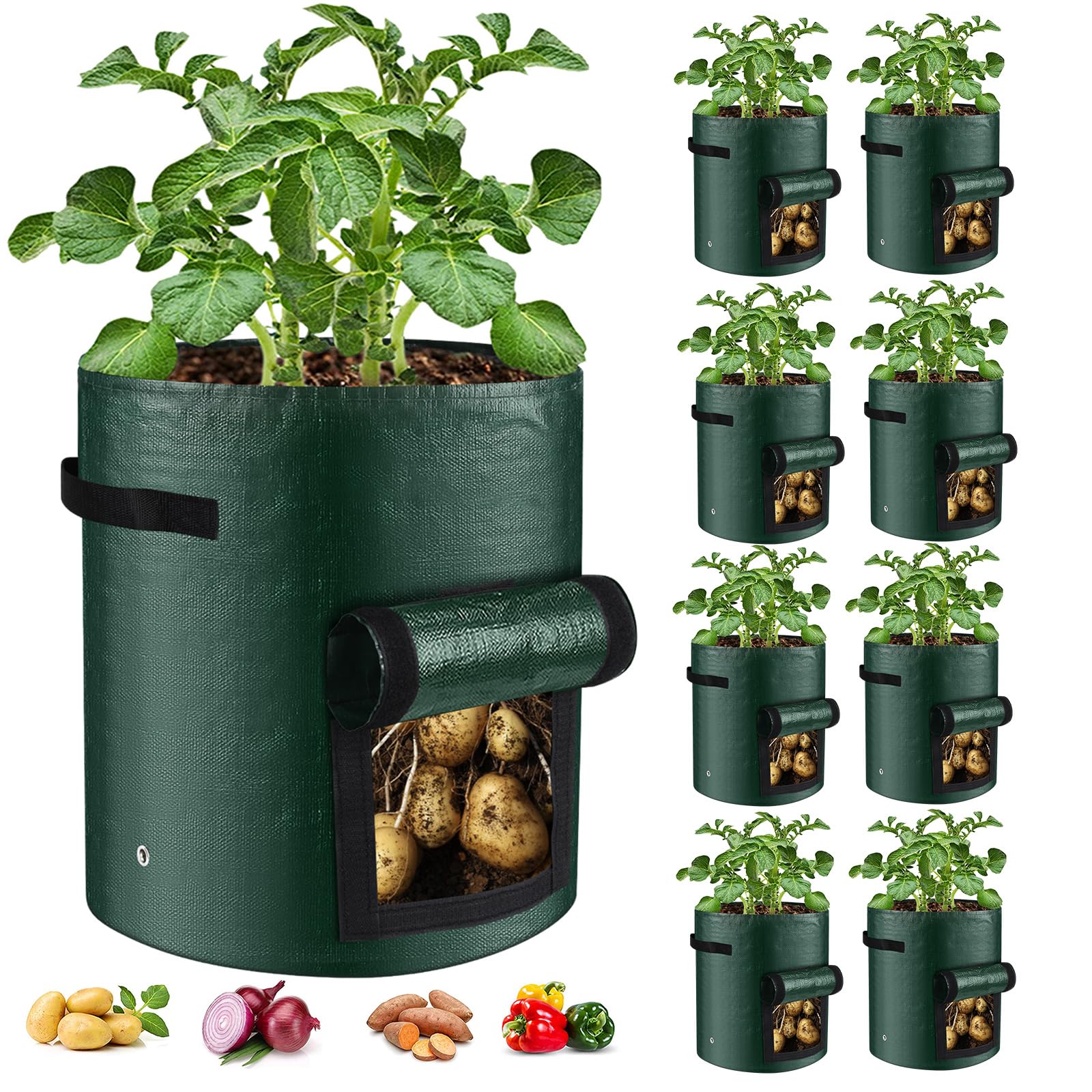 BIJOKETTEN 10 Gallon 8-Pack Grow Bags, Durable PE Fabric Pots with Flap and Handles, Green Planter Bags for Potato Vegetables Flowers Herbs Garden Outdoor, 17.7''x13.8'' Large for All Plants Growing