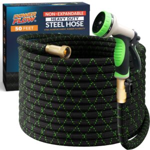 powerflow garden hose, non-expandable 50 feet premium quality stainless steel metal water hose with durable fabric skin, hose for commercial, residential use, bonus 10-way spray nozzle (50 ft, black)