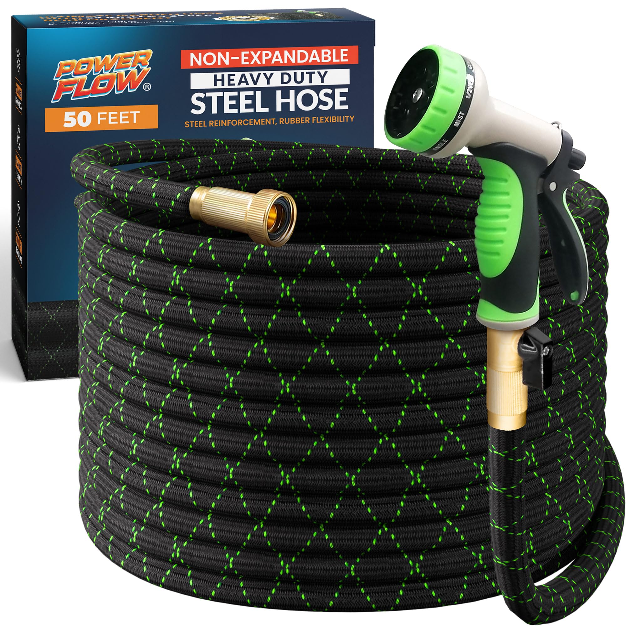 PowerFlow Garden Hose, NON-EXPANDABLE 50 Feet Premium Quality Stainless Steel Metal Water Hose with Durable Fabric Skin, Hose For Commercial, Residential Use, Bonus 10-way Spray Nozzle (50 Ft, Black)