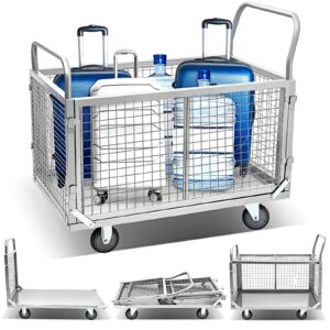 datanly platform truck cart with cage, large foldable flat cart heavy duty push cart dolly load 1600lbs hand truck dolly cart with swivel casters flatbed cart for grocery moving laundry (39" x 24")