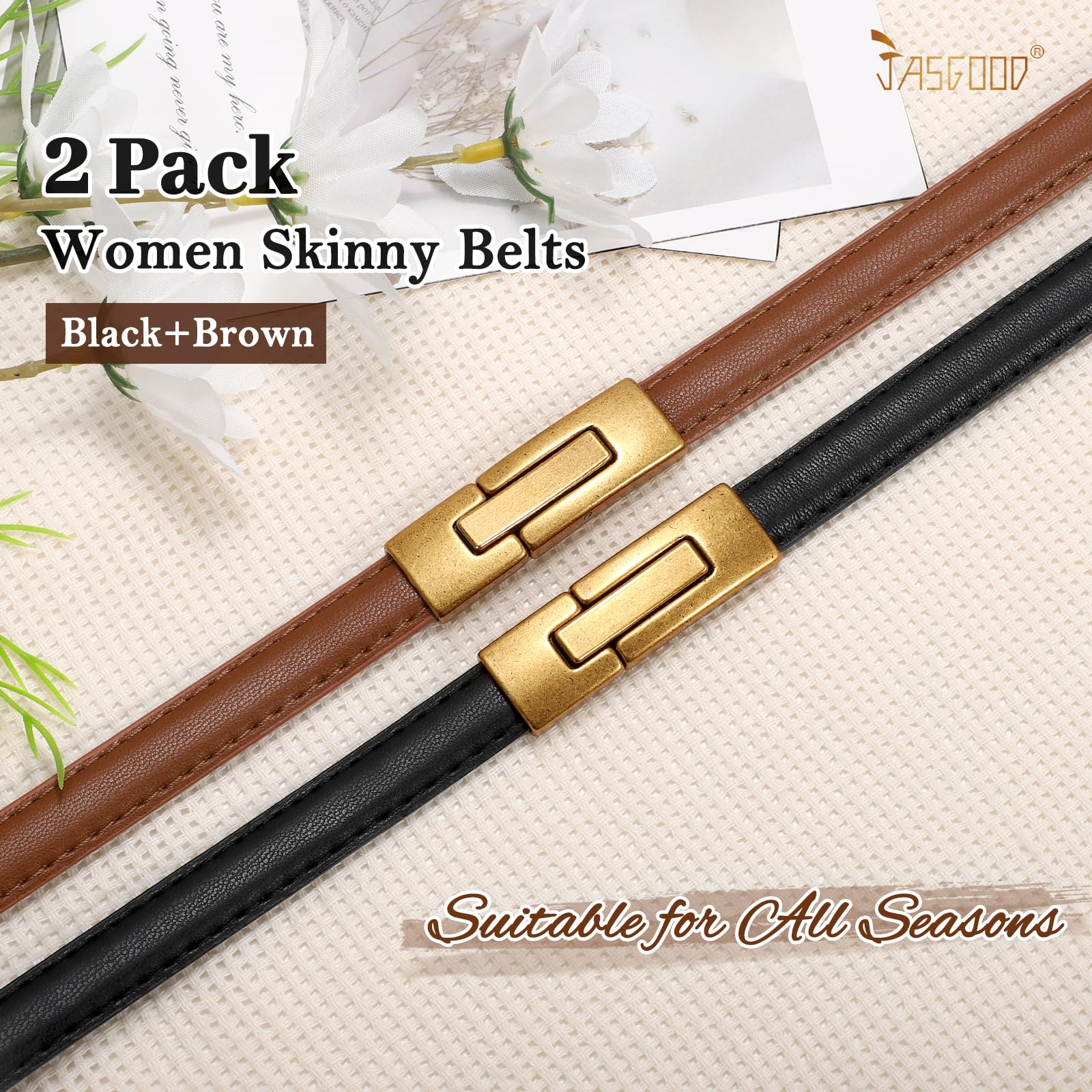 JASGOOD Women Skinny Belts Leather Thin Waist Belts for Dress Ladies Belts with Gold Buckle 2 Pack