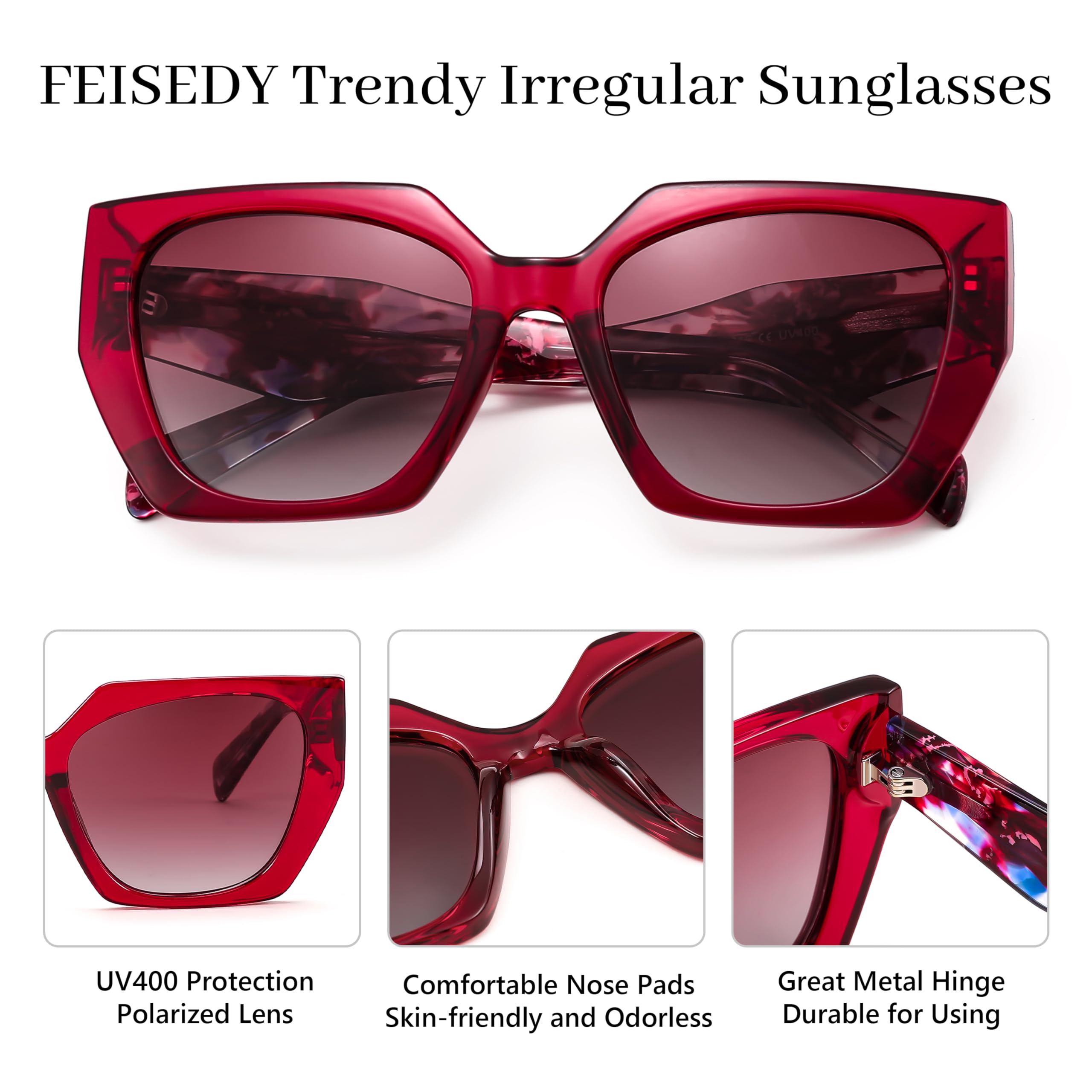 FEISEDY Trendy Polarized Sunglasses, Oversized Irregular TR Frame for Women Men, Retro Shades UV400 B0016