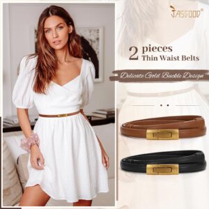 JASGOOD Women Skinny Belts Leather Thin Waist Belts for Dress Ladies Belts with Gold Buckle 2 Pack