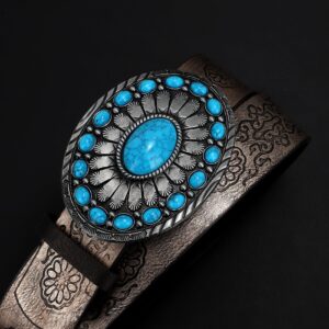 XZQTIVE Women Western Leather Belt Vintage Country Belts For Cowgirl Jeans Dresses Ladies Concho Belt With Turquoise Buckle