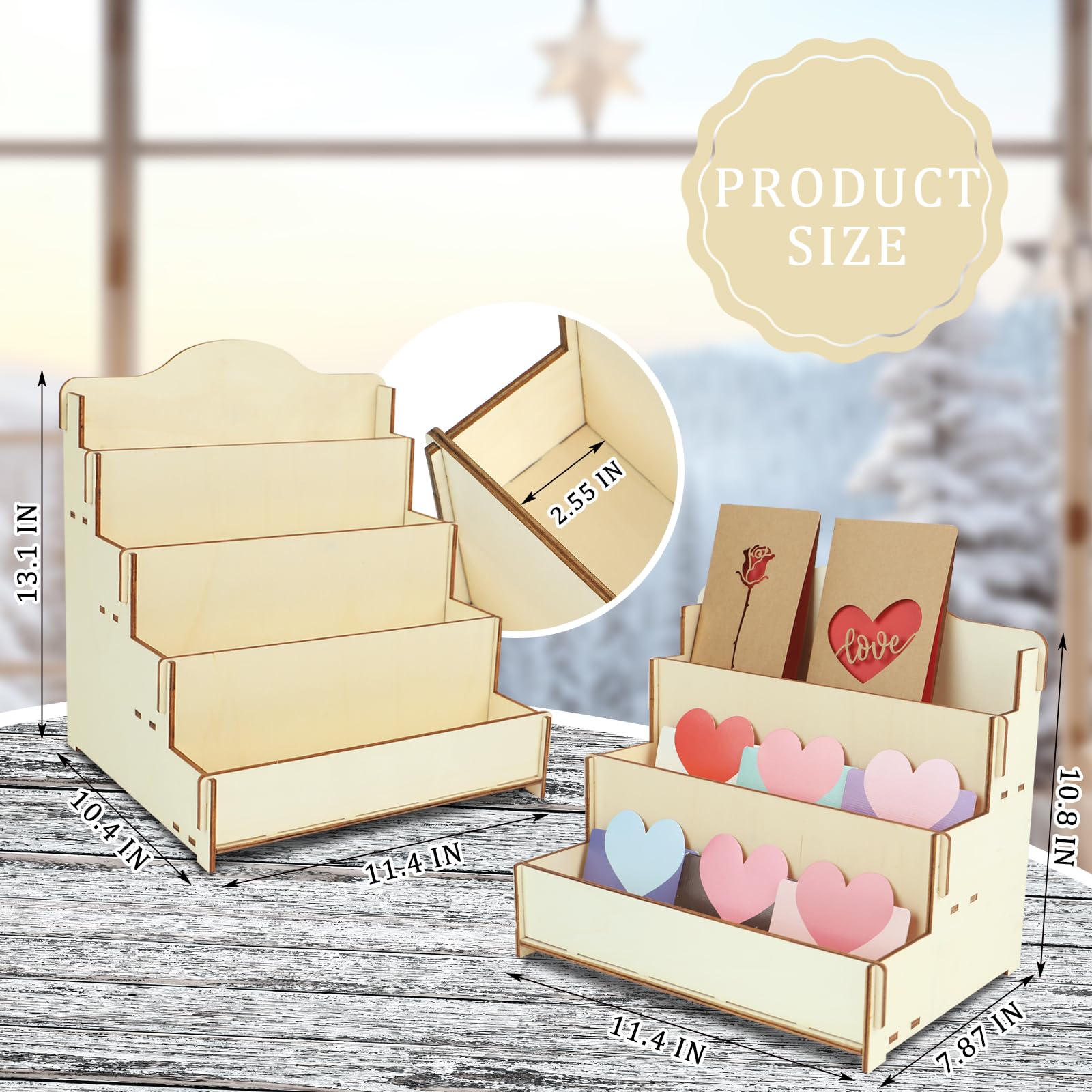 2 Pcs 3/4 Tier Greeting Card Display Stand Wooden Stickers Display Risers Portable Blank Retail Display Shelves for Greeting Cards Photos Postcard Jewelry Comic Book Craft Counter Vendor Events