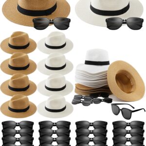 Silicherry 48 Pcs Straw Fedora Hat and Sunglasses Bulk 1920s Panama Style Fedora Eyeglasses for Havana Nights Beach Wedding Guest Gifts Party Supplies