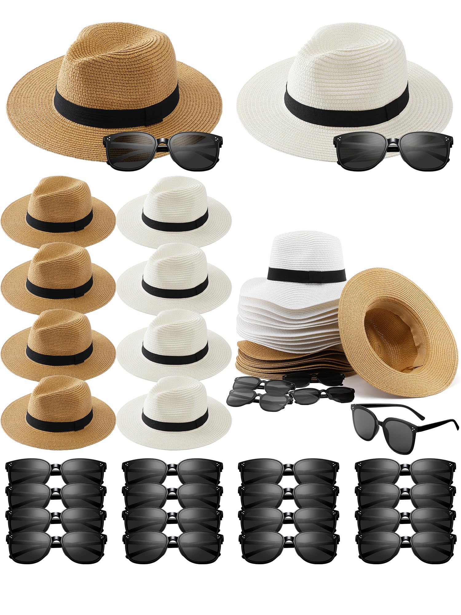 Silicherry 48 Pcs Straw Fedora Hat and Sunglasses Bulk 1920s Panama Style Fedora Eyeglasses for Havana Nights Beach Wedding Guest Gifts Party Supplies