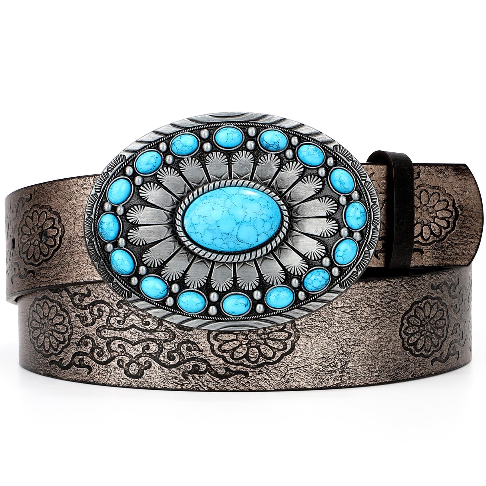 XZQTIVE Women Western Leather Belt Vintage Country Belts For Cowgirl Jeans Dresses Ladies Concho Belt With Turquoise Buckle