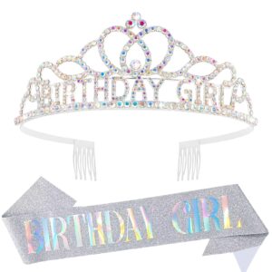 kicosy birthday crown and sashes for women princess tiara headband elegant sliver crown for girls birthday headpieces hair accessories rhinestone decoration gifts aurora borealis crystal tiaras