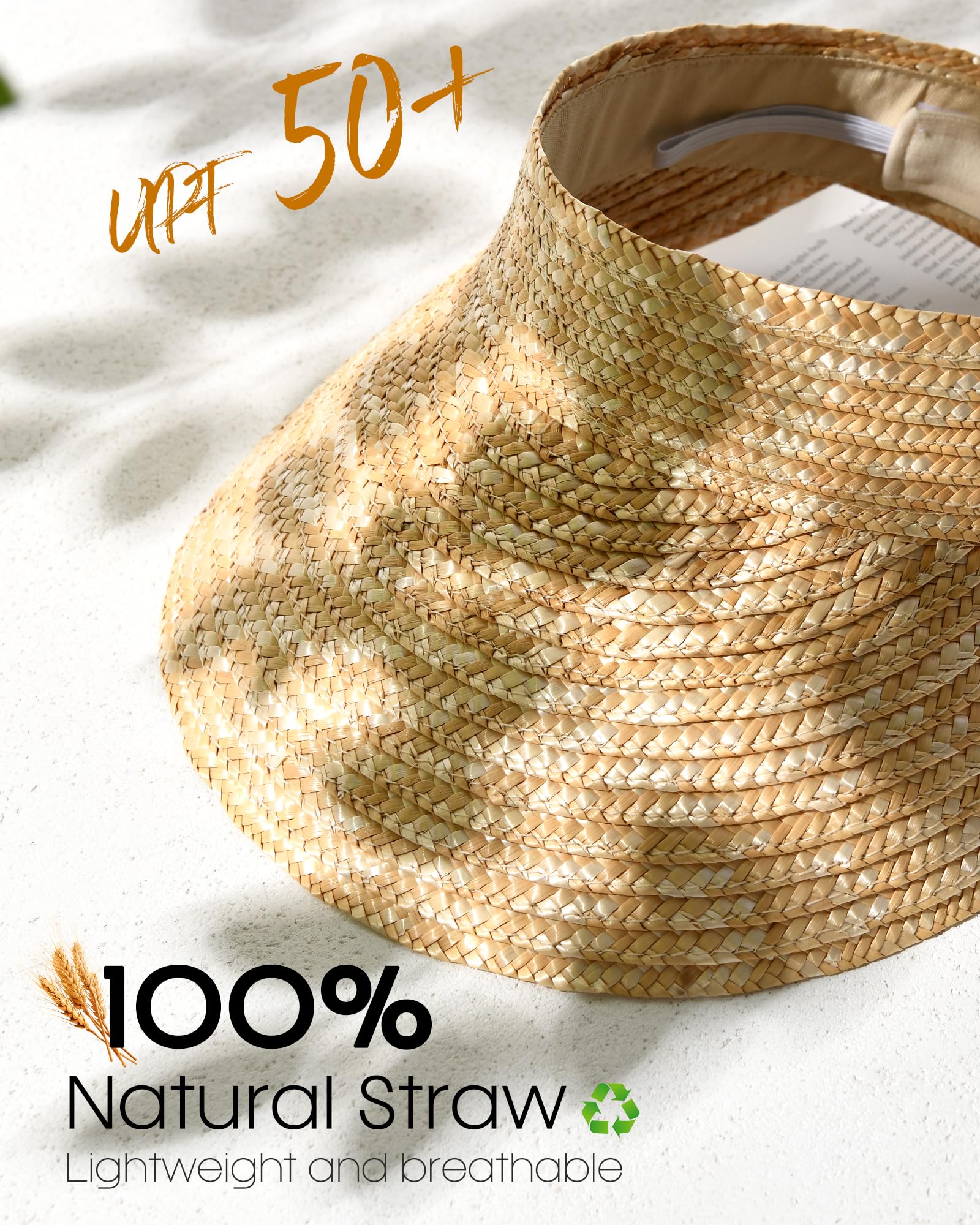 FURTALK Natural Straw Visors Sun Visor Hats for Womens Summer Straw Sun Beach Hat Foldable Roll Up Ponytail Beach Hat