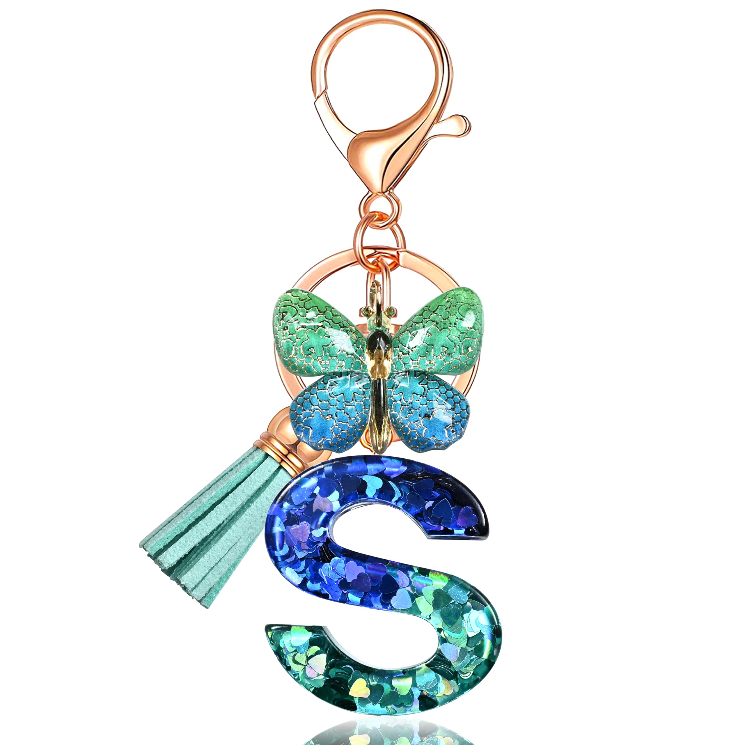 JINGUAZI Initial letter Keychains for Women Tassel Butterfly Pink Purple Cute Car Keychain for Wallet Backpack bag charm (S-Blue Green)