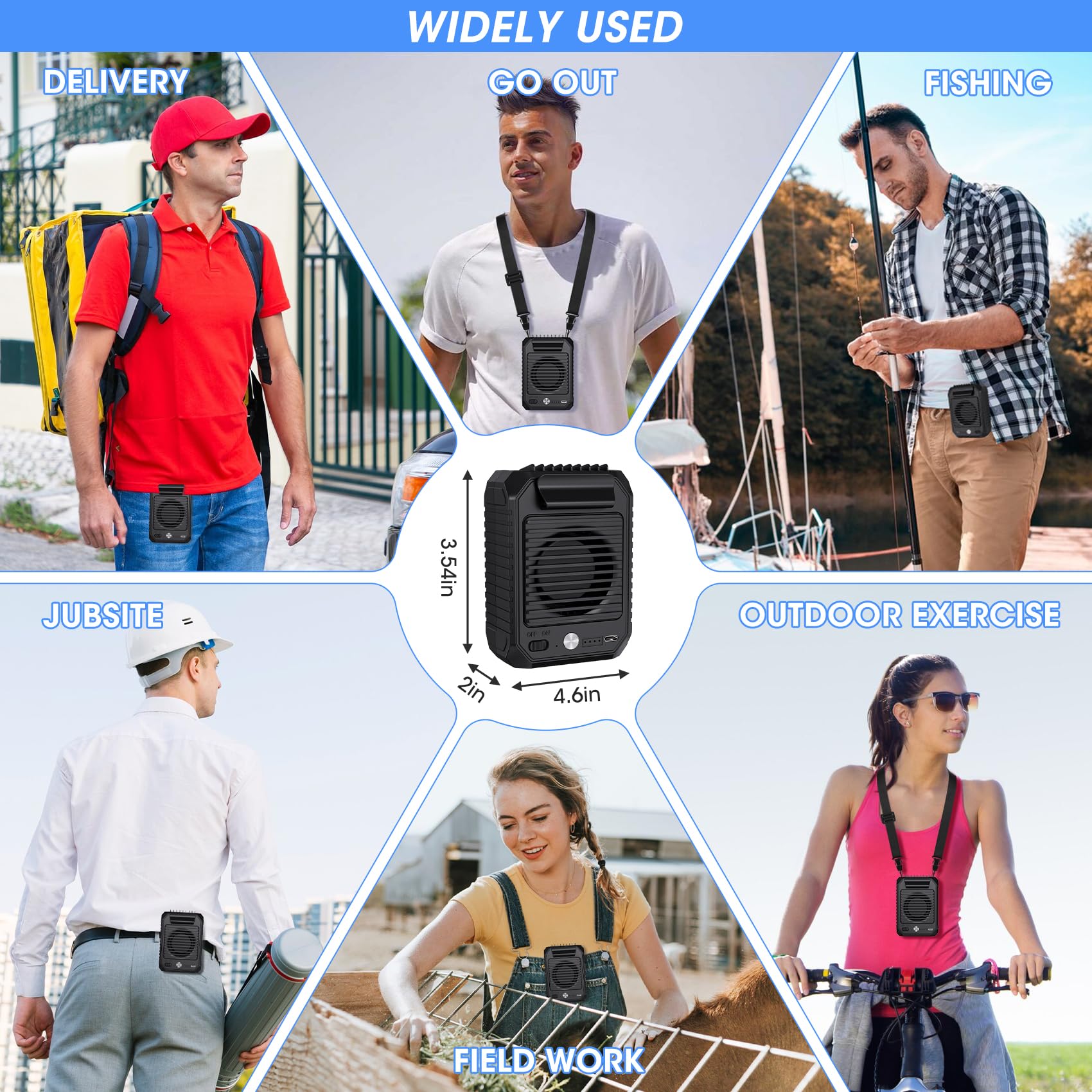 Portable Waist Clip Fan, 10000mAh Battery Powered Hands-free Cooling Body Fan with Max 24H Working Time & 3 Speeds 6500RPM Strong Airflow, Wearable Belt Personal Fan for Outdoor