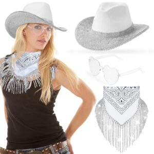 Silicherry Rhinestone Cowboy Hat Glitter Cowgirl Hat with Glasses Headscarf for Men Women Adult Bling Cowboy Costume Cosplay(White, Classic Style)