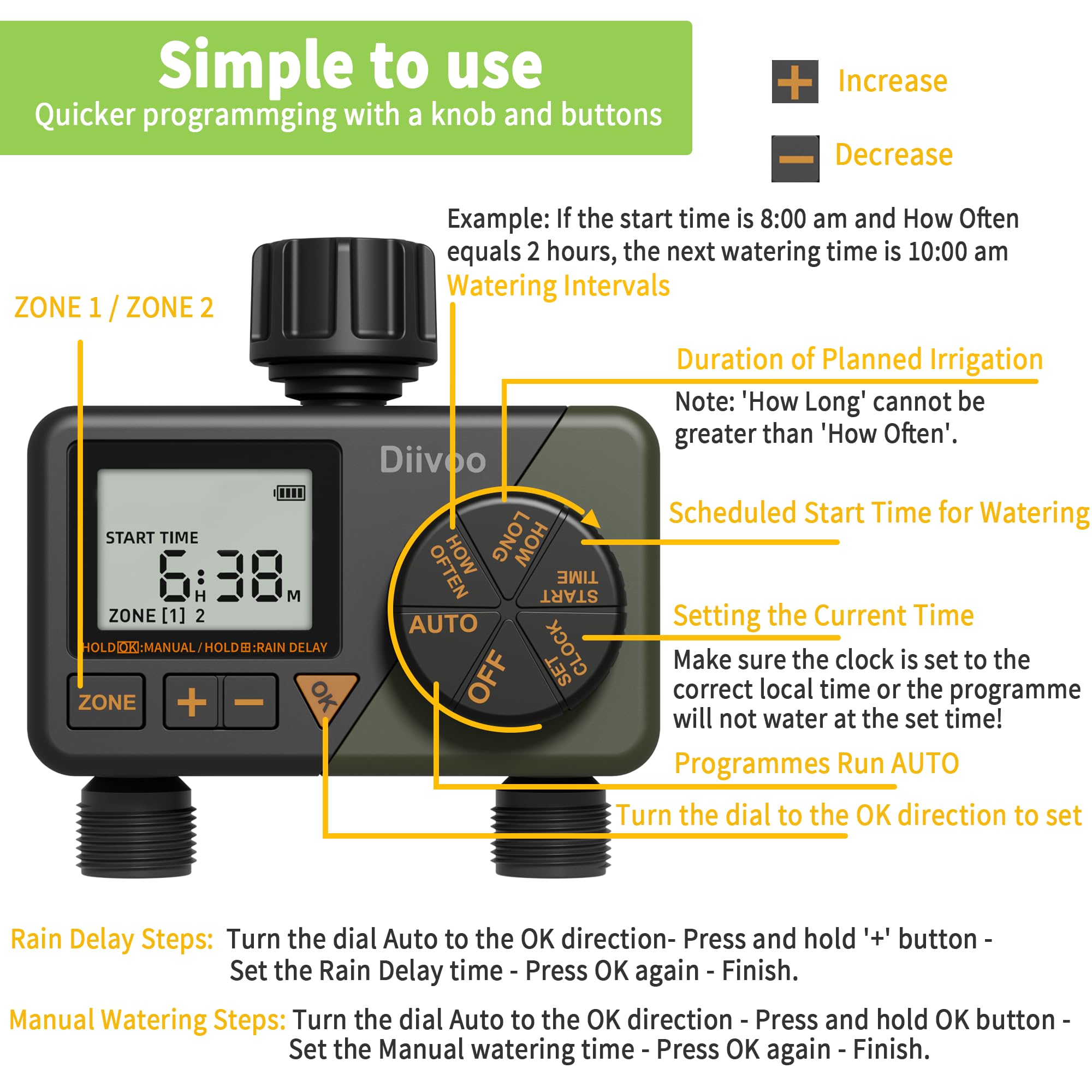 Diivoo Sprinkler Timer 2 Zone, Programmable Water Hose Timer 2 Outlet for Garden, Automatic Irrigation Timer IP54 with Rain Delay/Manual/Auto Mode, Outdoor Hose Timer Controller for Lawn, Yard, Pool