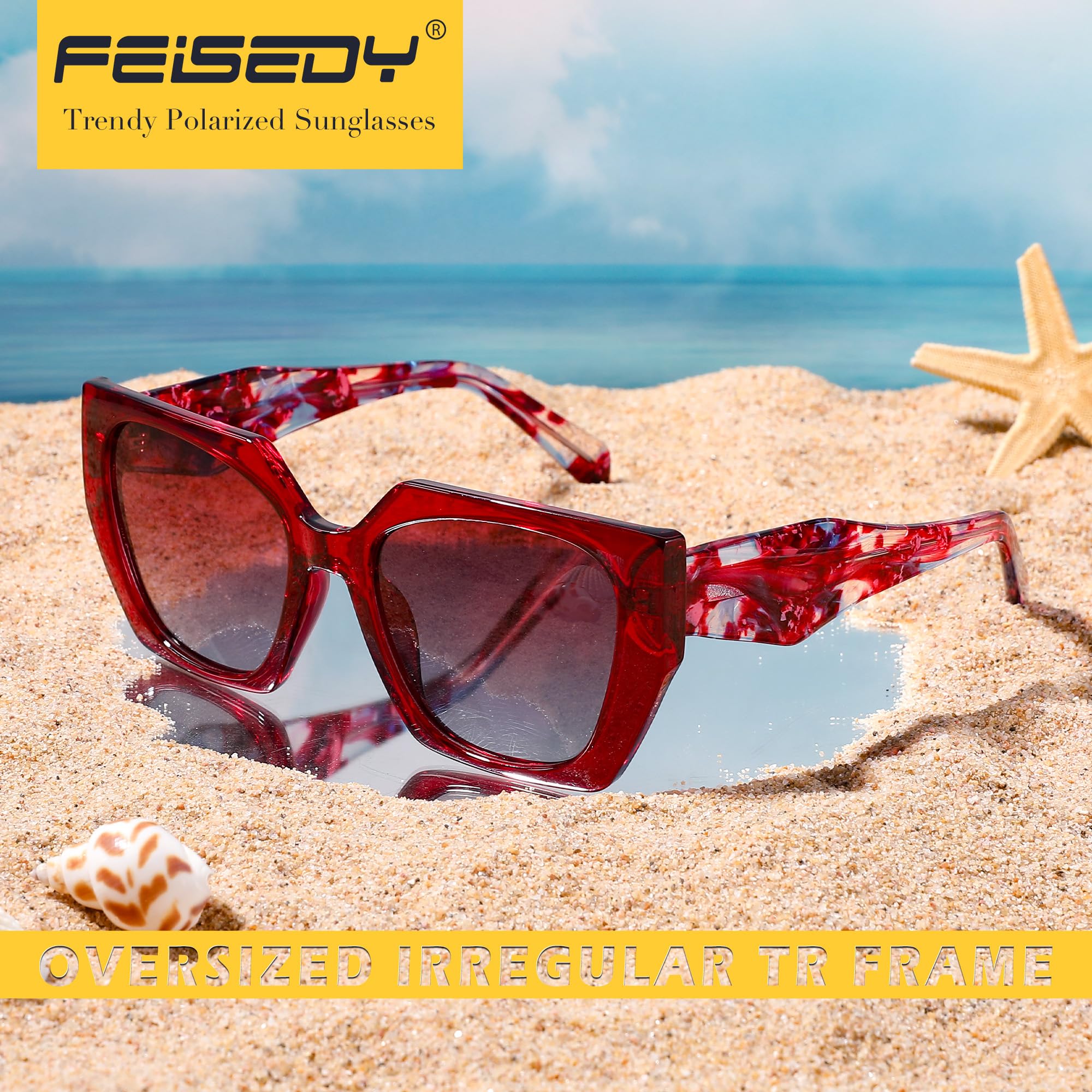 FEISEDY Trendy Polarized Sunglasses, Oversized Irregular TR Frame for Women Men, Retro Shades UV400 B0016