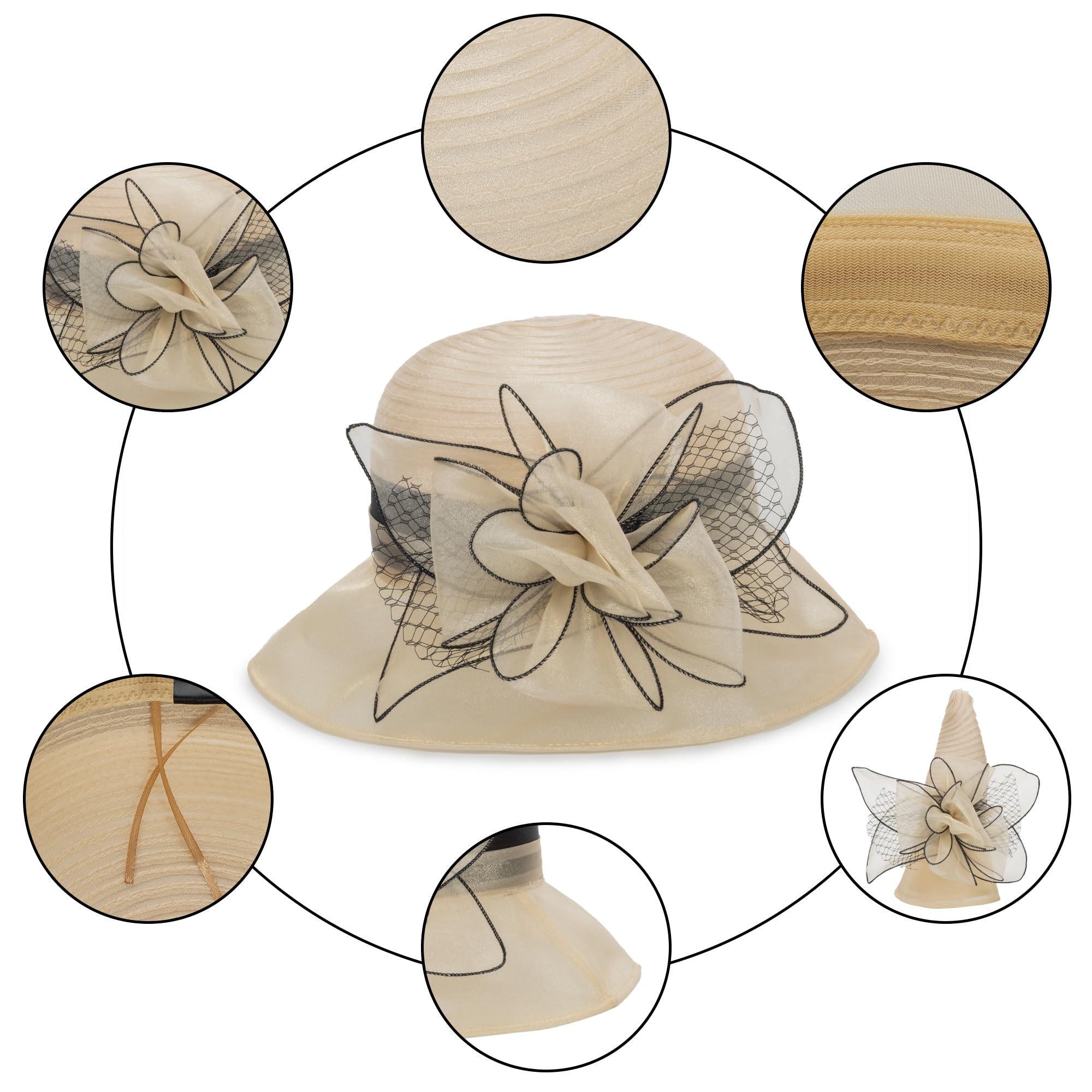 Organza Fascinator Tea-Party Derby-Hats for Women - Flower Wide Brim Church Sunday Sun Hat (US, Alpha, Medium, Beige)