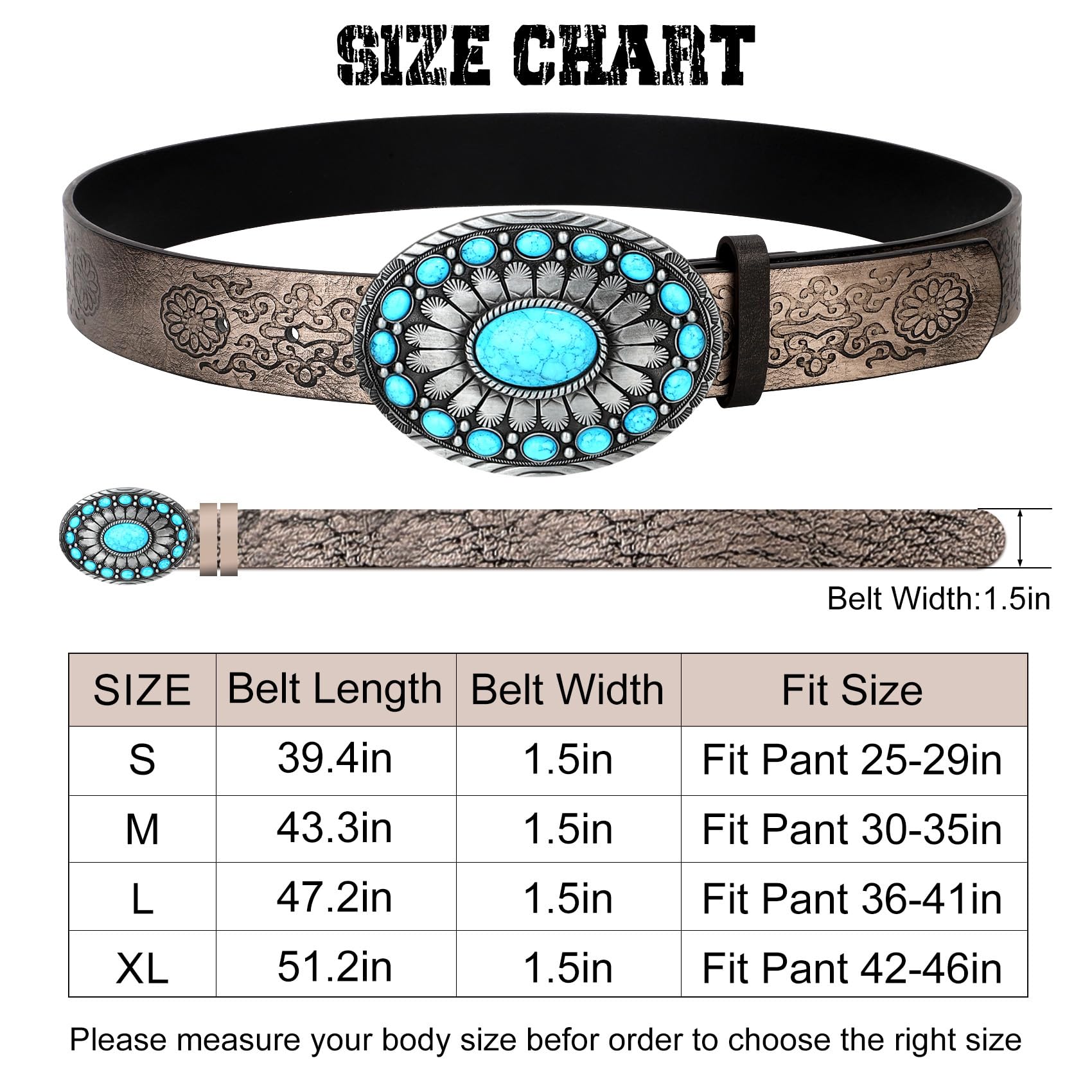 XZQTIVE Women Western Leather Belt Vintage Country Belts For Cowgirl Jeans Dresses Ladies Concho Belt With Turquoise Buckle